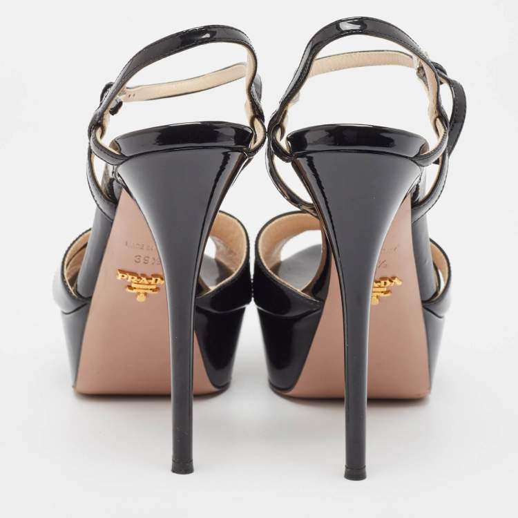 Pre Owned Prada Black Patent Leather Ankle Strap Platform Sandals Size 39.5