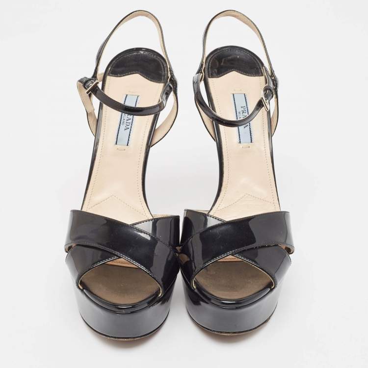 Pre Owned Prada Black Patent Leather Ankle Strap Platform Sandals Size 39.5