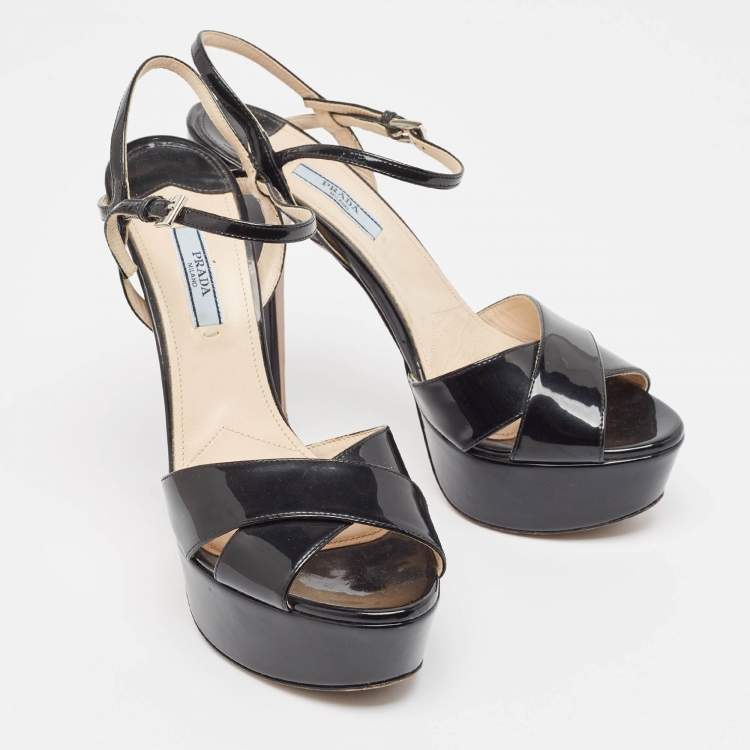 Pre Owned Prada Black Patent Leather Ankle Strap Platform Sandals Size 39.5