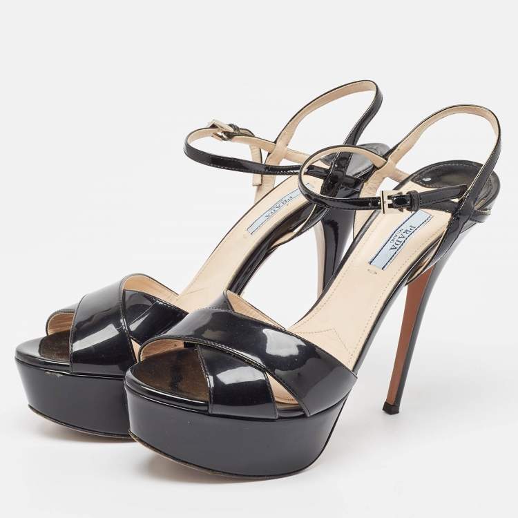 Pre Owned Prada Black Patent Leather Ankle Strap Platform Sandals Size 39.5