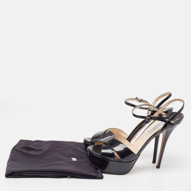 Pre Owned Prada Black Patent Leather Ankle Strap Platform Sandals Size 39.5