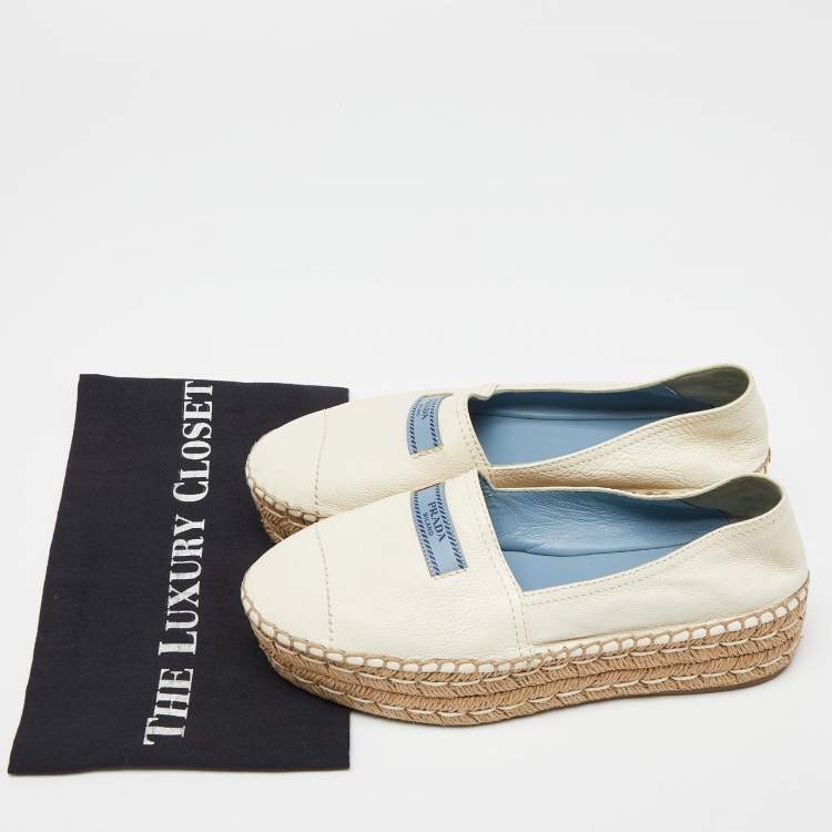 Pre Owned Prada Off White Leather Platform Espadrille Flats Size 39.5