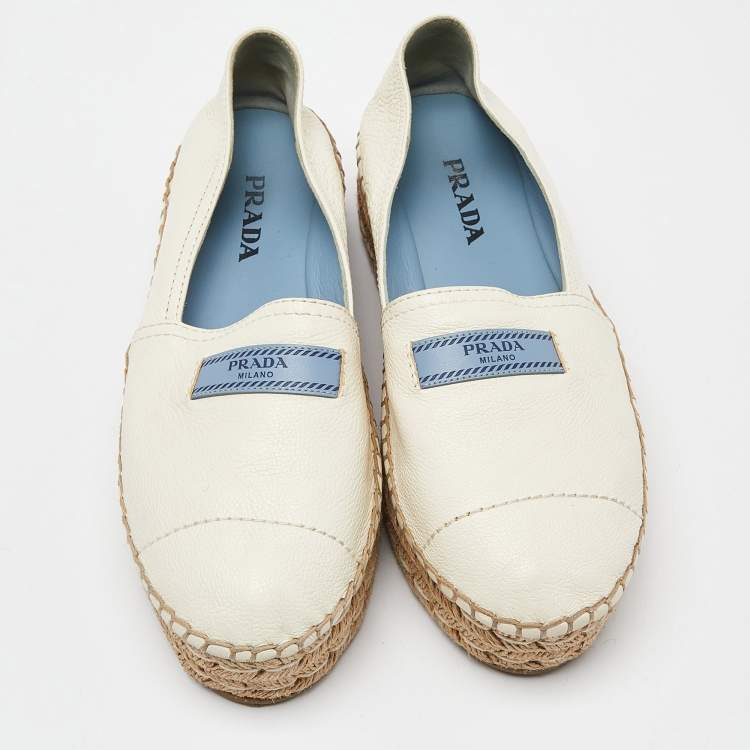 Pre Owned Prada Off White Leather Platform Espadrille Flats Size 39.5