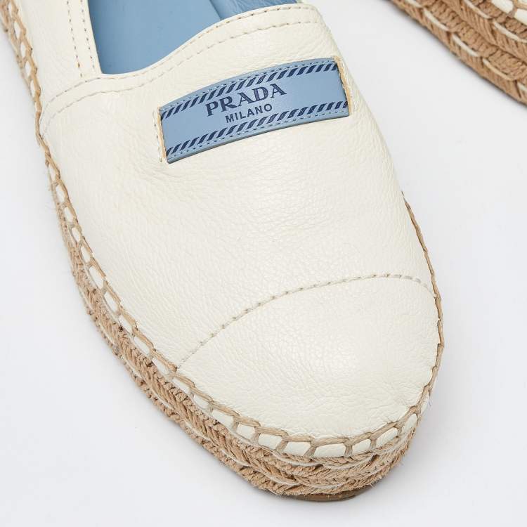 Pre Owned Prada Off White Leather Platform Espadrille Flats Size 39.5