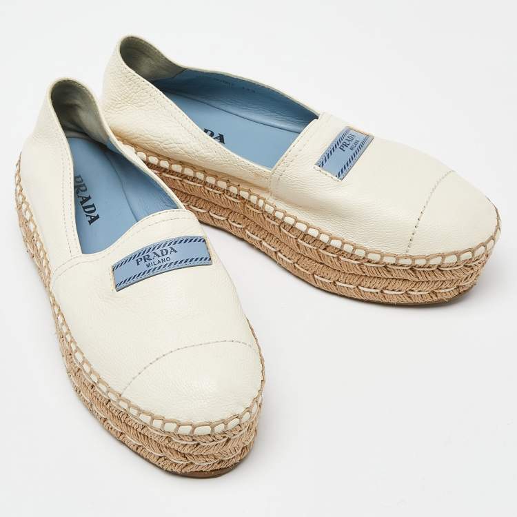 Pre Owned Prada Off White Leather Platform Espadrille Flats Size 39.5