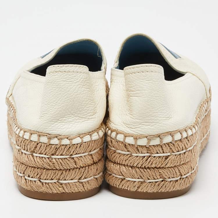 Pre Owned Prada Off White Leather Platform Espadrille Flats Size 39.5