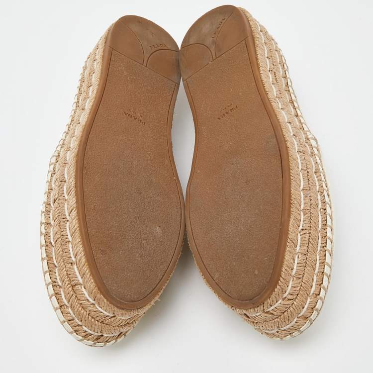 Pre Owned Prada Off White Leather Platform Espadrille Flats Size 39.5