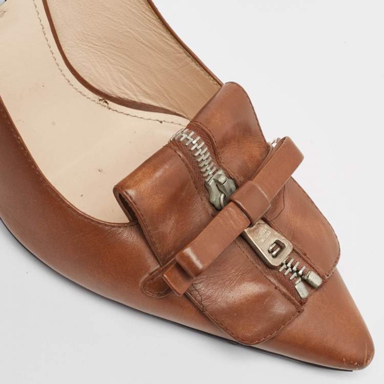 Pre Owned Prada Brown Leather Zip Detail Pumps Size 39