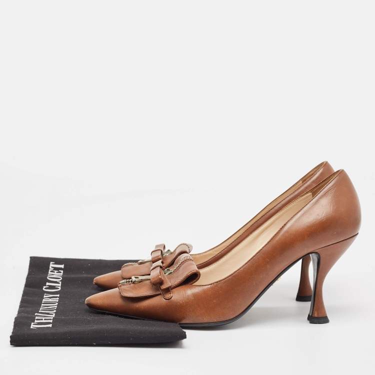 Pre Owned Prada Brown Leather Zip Detail Pumps Size 39