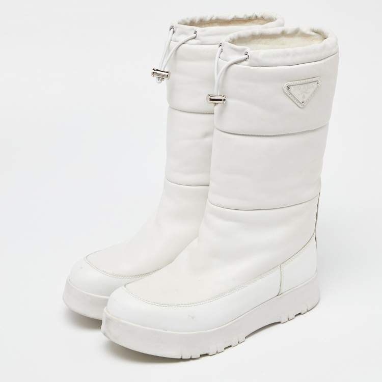 Pre Owned Prada White Leather Mid Calf Boots Size 39.5