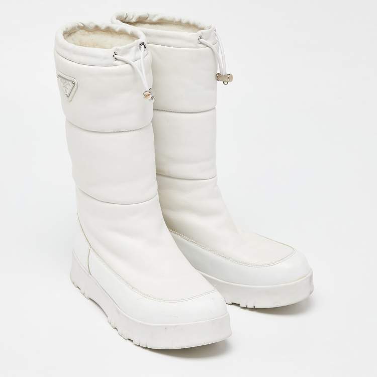 Pre Owned Prada White Leather Mid Calf Boots Size 39.5