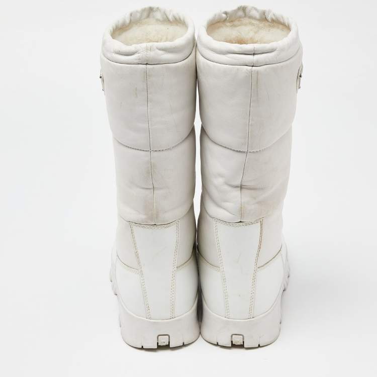 Pre Owned Prada White Leather Mid Calf Boots Size 39.5