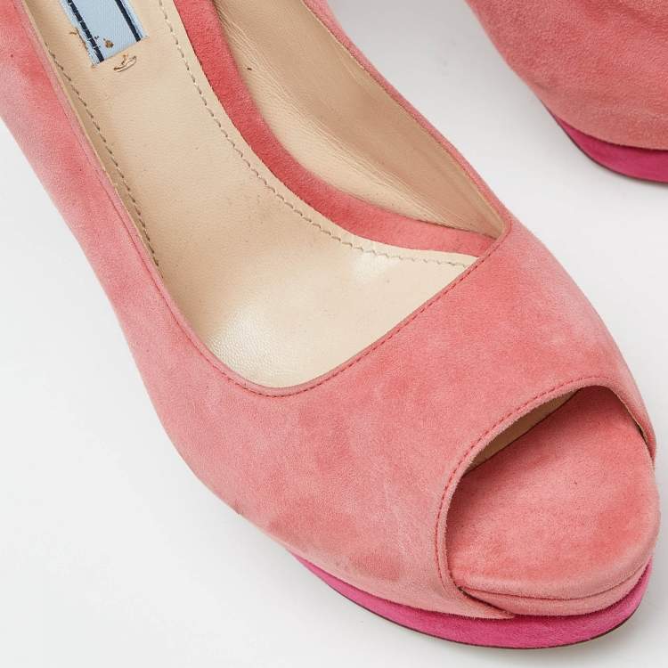 Pre Owned Prada Two Tone Pink Suede Peep Toe Platform Pumps Size 41