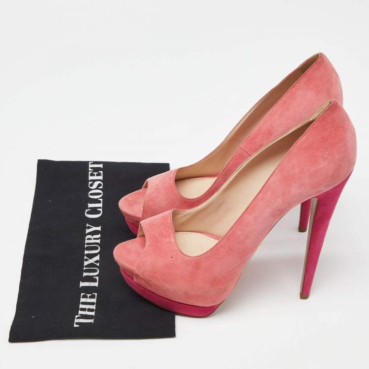 Pre Owned Prada Two Tone Pink Suede Peep Toe Platform Pumps Size 41