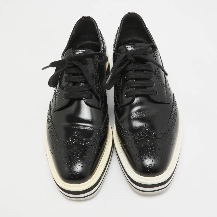 Pre Owned Prada Black Brogue Patent Leather Platform Derby Sneakers Size 37.5