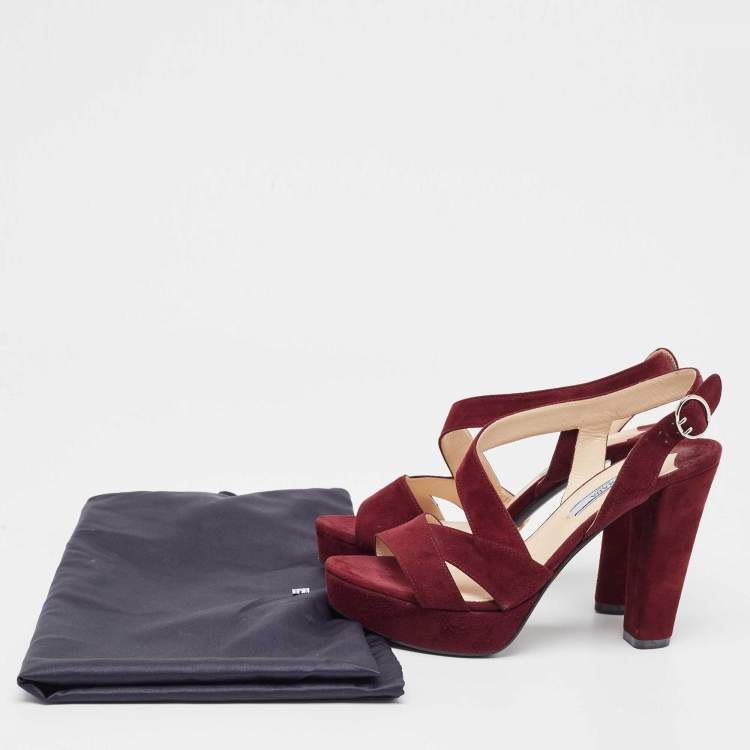 Pre Owned Prada Burgundy Suede Platform Slingback Sandals Size 36.5