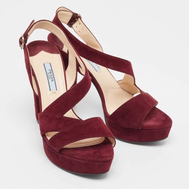 Pre Owned Prada Burgundy Suede Platform Slingback Sandals Size 36.5