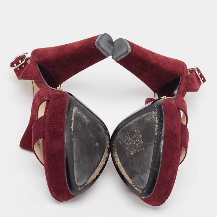 Pre Owned Prada Burgundy Suede Platform Slingback Sandals Size 36.5