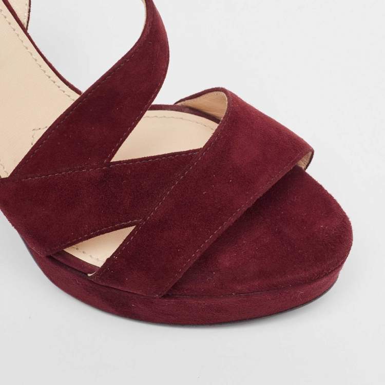 Pre Owned Prada Burgundy Suede Platform Slingback Sandals Size 36.5