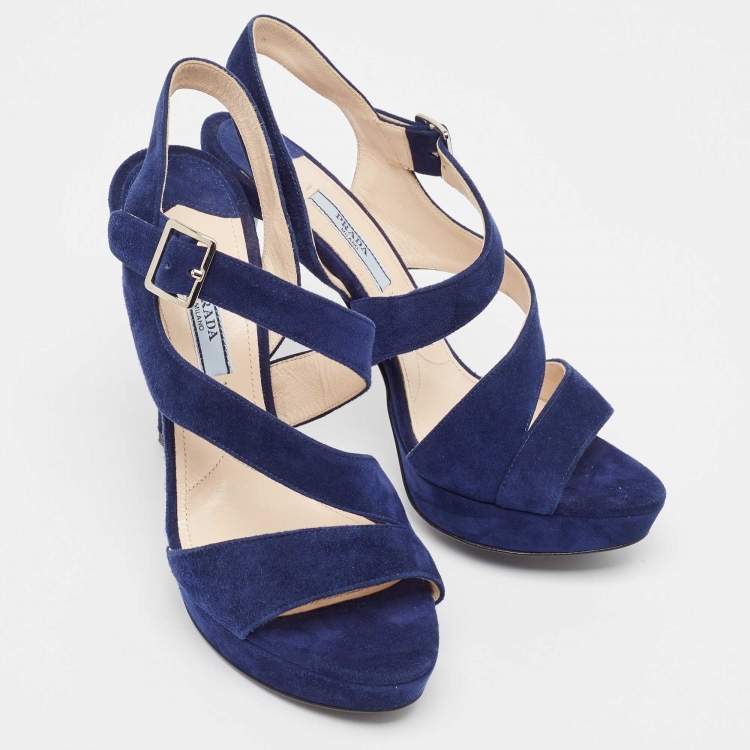 Pre Owned Prada Navy Blue Suede Platform Sandals Size 37