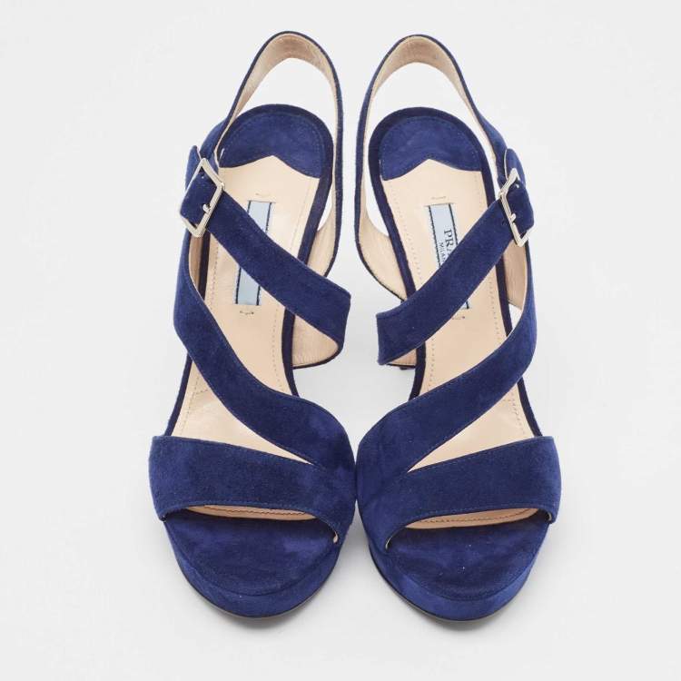 Pre Owned Prada Navy Blue Suede Platform Sandals Size 37