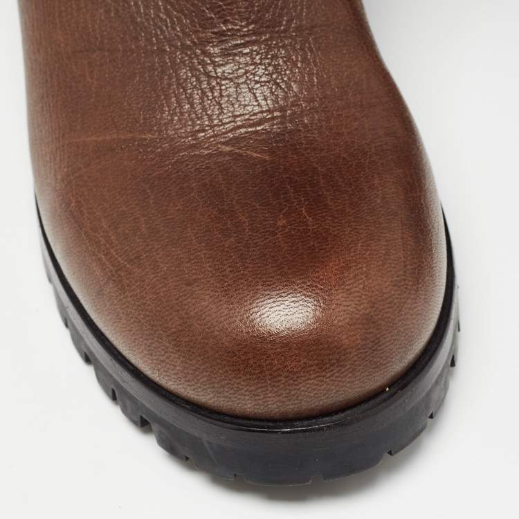 Pre Owned Prada Brown Leather Buckle Detail Mid Calf Length Boots Size 37