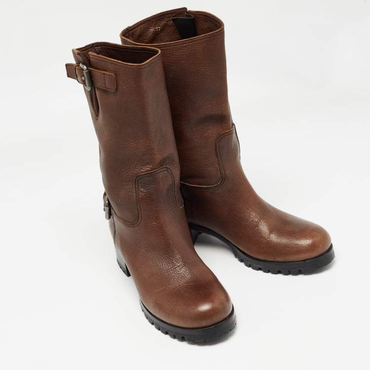 Pre Owned Prada Brown Leather Buckle Detail Mid Calf Length Boots Size 37