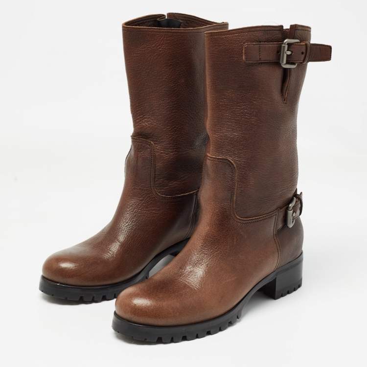 Pre Owned Prada Brown Leather Buckle Detail Mid Calf Length Boots Size 37