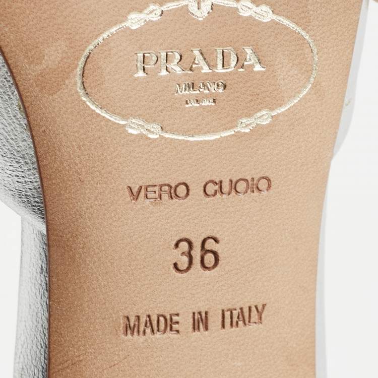 Pre Owned Prada Silver Foil Leather Knotted Square Peep Toe Slide Sandals Size 36