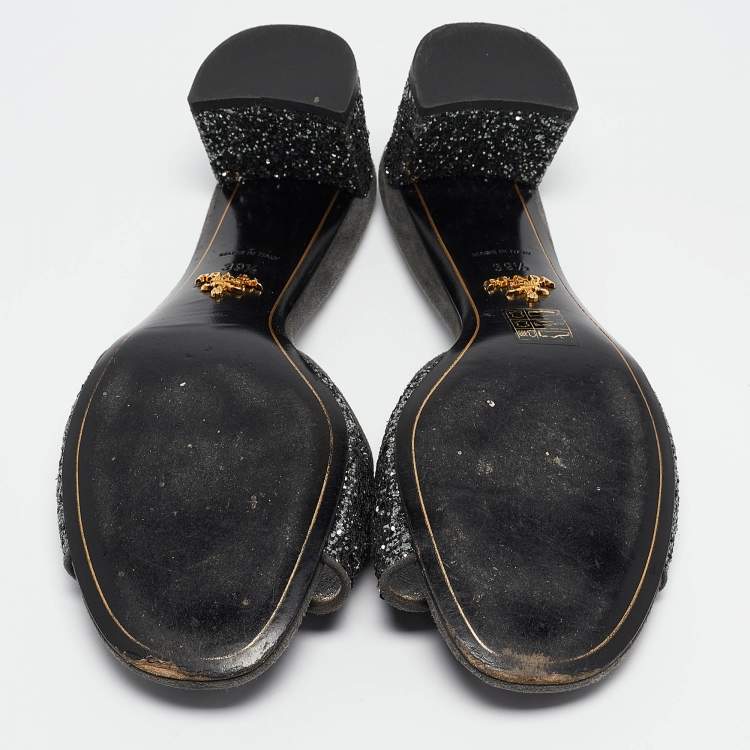 Pre Owned Prada Grey Coarse Glitter and Suede Bow Slide Sandals Size 39.5