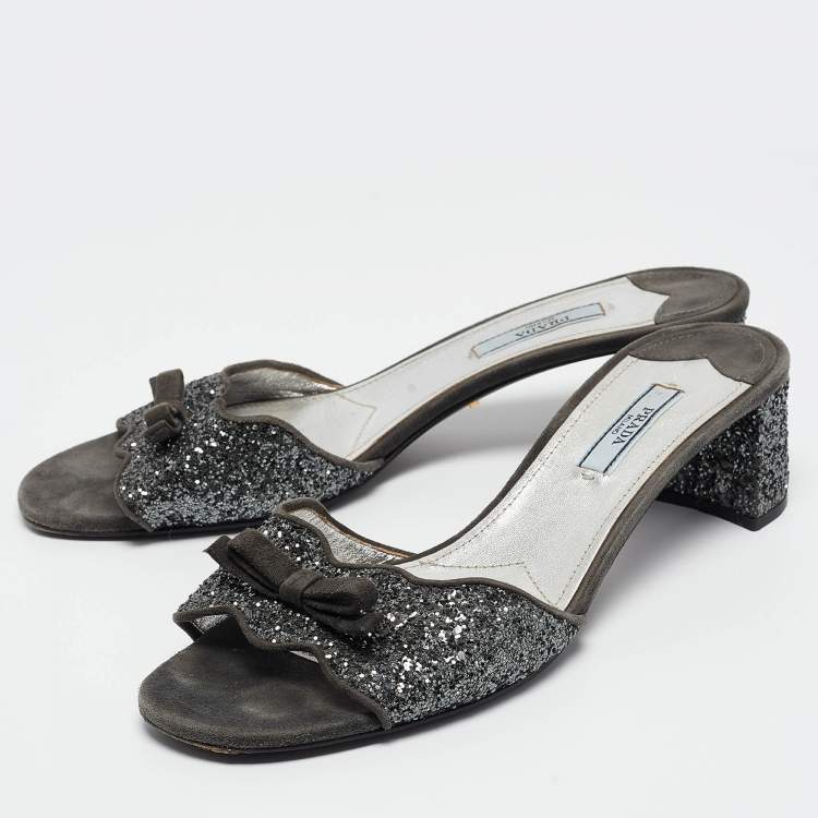 Pre Owned Prada Grey Coarse Glitter and Suede Bow Slide Sandals Size 39.5