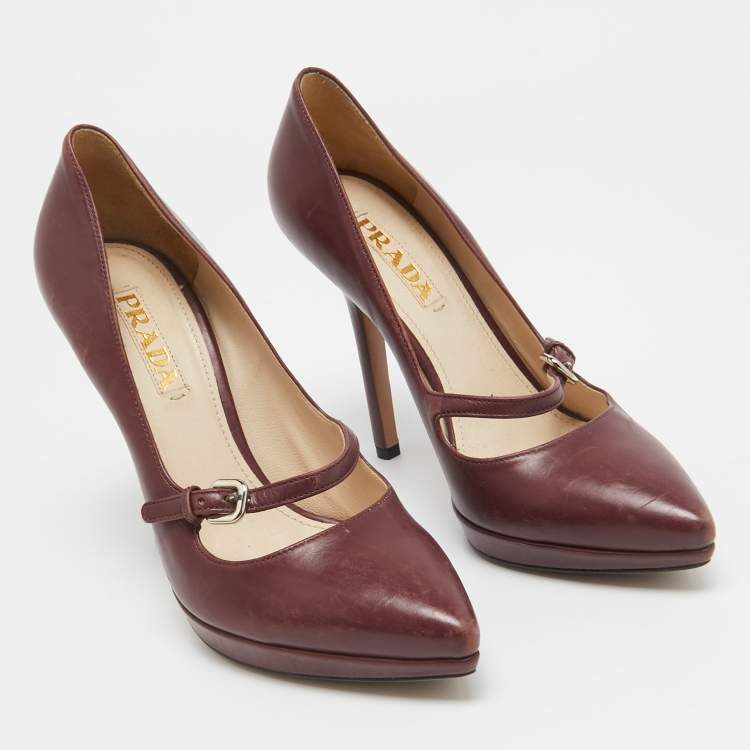 Pre Owned Prada Burgundy Leather Platform Pumps Size 37