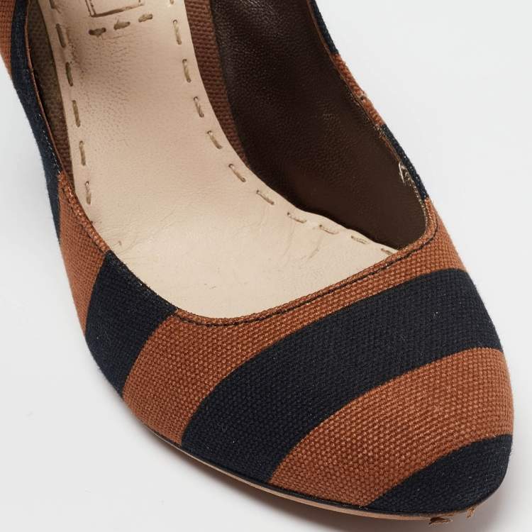 Pre Owned Prada Brown/Black Canvas Mary Jane Pumps Size 36  