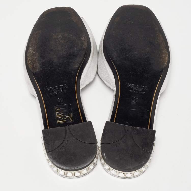 Pre Owned Prada Silver Leather Bow Flat Slides Size 39
