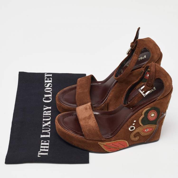 Pre Owned Prada Brown Suede Wedge Platform Ankle Strap Sandals Size 36.5
