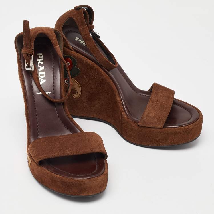 Pre Owned Prada Brown Suede Wedge Platform Ankle Strap Sandals Size 36.5