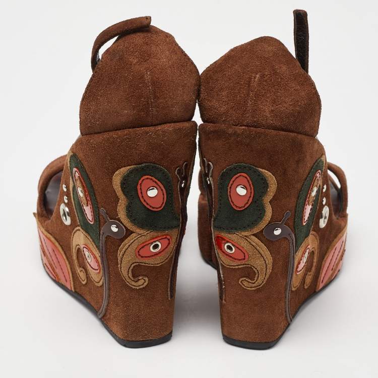 Pre Owned Prada Brown Suede Wedge Platform Ankle Strap Sandals Size 36.5