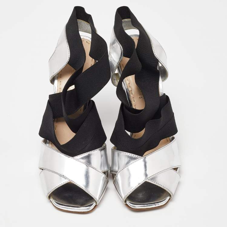 Pre Owned Prada Black/Silver Leather and Fabric Strappy Open Toe Sandals Size 37