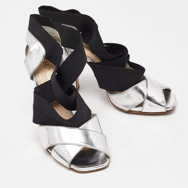 Pre Owned Prada Black/Silver Leather and Fabric Strappy Open Toe Sandals Size 37