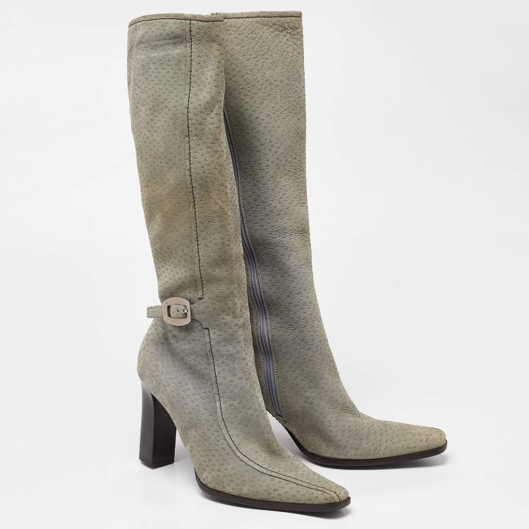 Pre Owned Dior Grey Textured Nubuck Leather Knee Length Boots Size 40