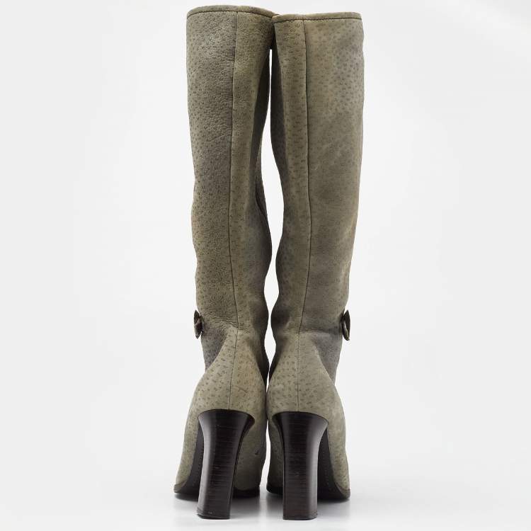Pre Owned Dior Grey Textured Nubuck Leather Knee Length Boots Size 40