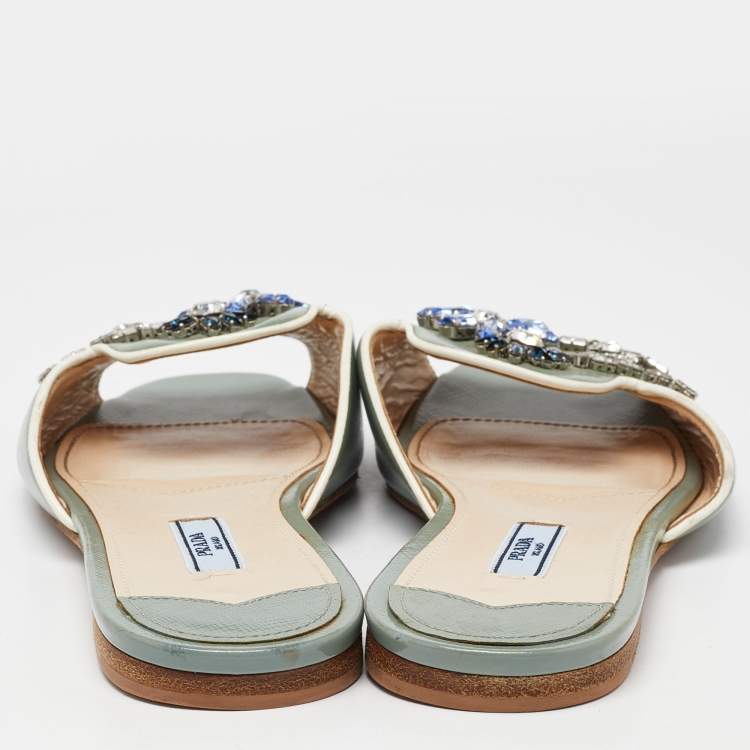 مملوكة مسبقًا Prada Grey Patent Leather Crystal Embellished Flat Slides Size 38