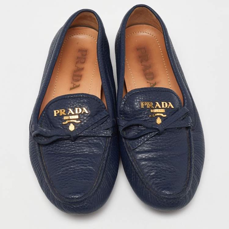 Pre Owned Prada Blue Leather Bow Slip On Loafers Size 36.5