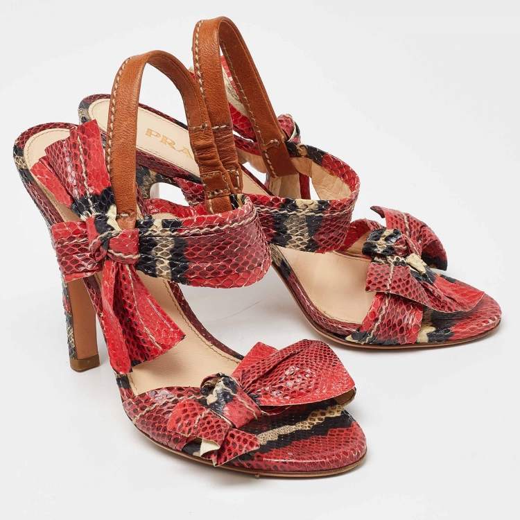 Pre Owned Prada Pink Python Leather Bow Ankle Strap Sandals Size 36.5