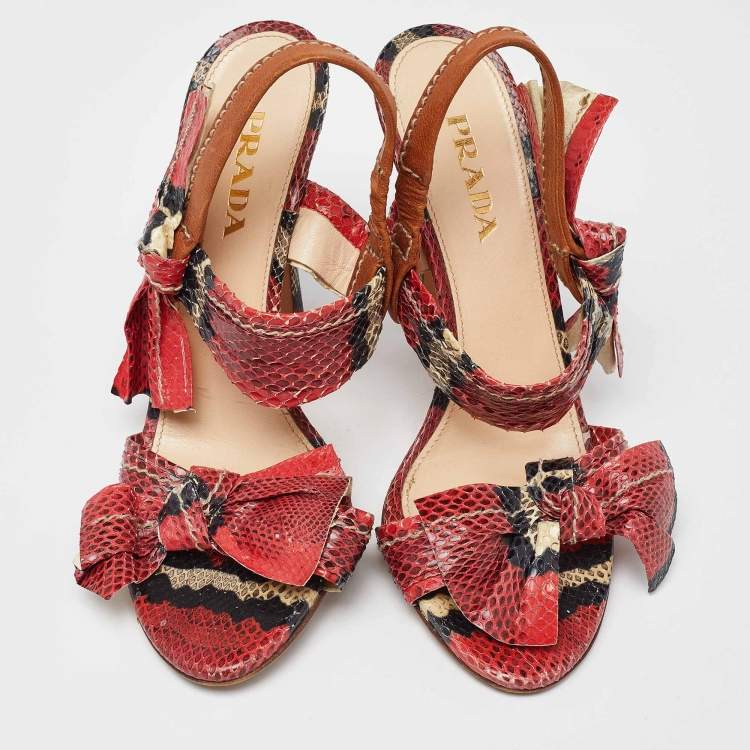 Pre Owned Prada Pink Python Leather Bow Ankle Strap Sandals Size 36.5