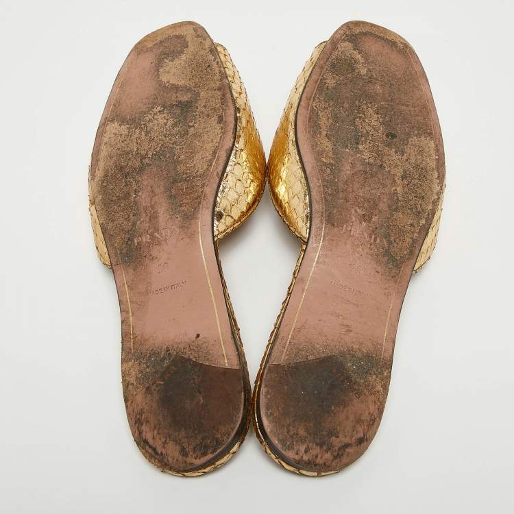 Pre Owned Prada Gold Embossed Python Crystal Embellished Flat Slides Size 38