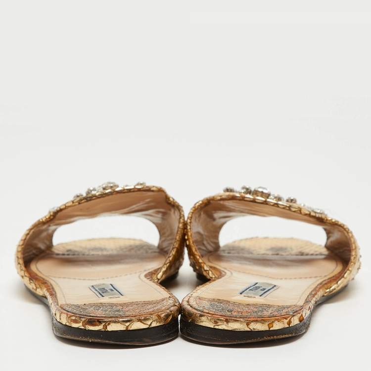 Pre Owned Prada Gold Embossed Python Crystal Embellished Flat Slides Size 38