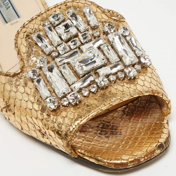 Pre Owned Prada Gold Embossed Python Crystal Embellished Flat Slides Size 38