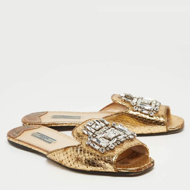Pre Owned Prada Gold Embossed Python Crystal Embellished Flat Slides Size 38