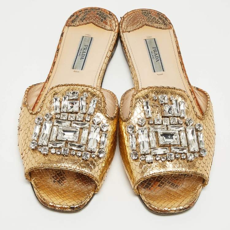 Pre Owned Prada Gold Embossed Python Crystal Embellished Flat Slides Size 38